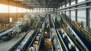 An industrial recycling plant interior bustling with activity.
